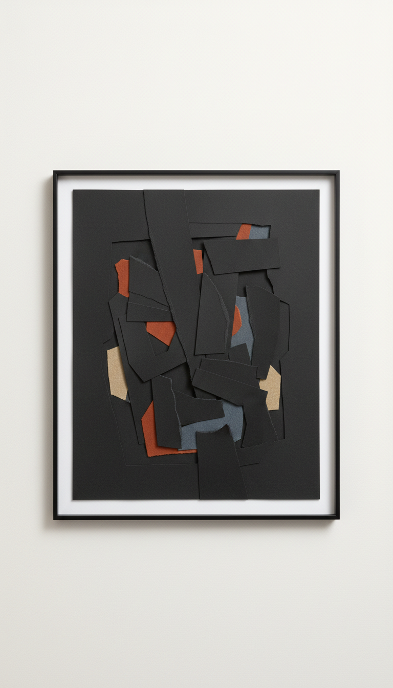 Charcoal black monochrome collage in minimalist frame