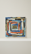 Cerulean blue mixed-media collage with textured edges