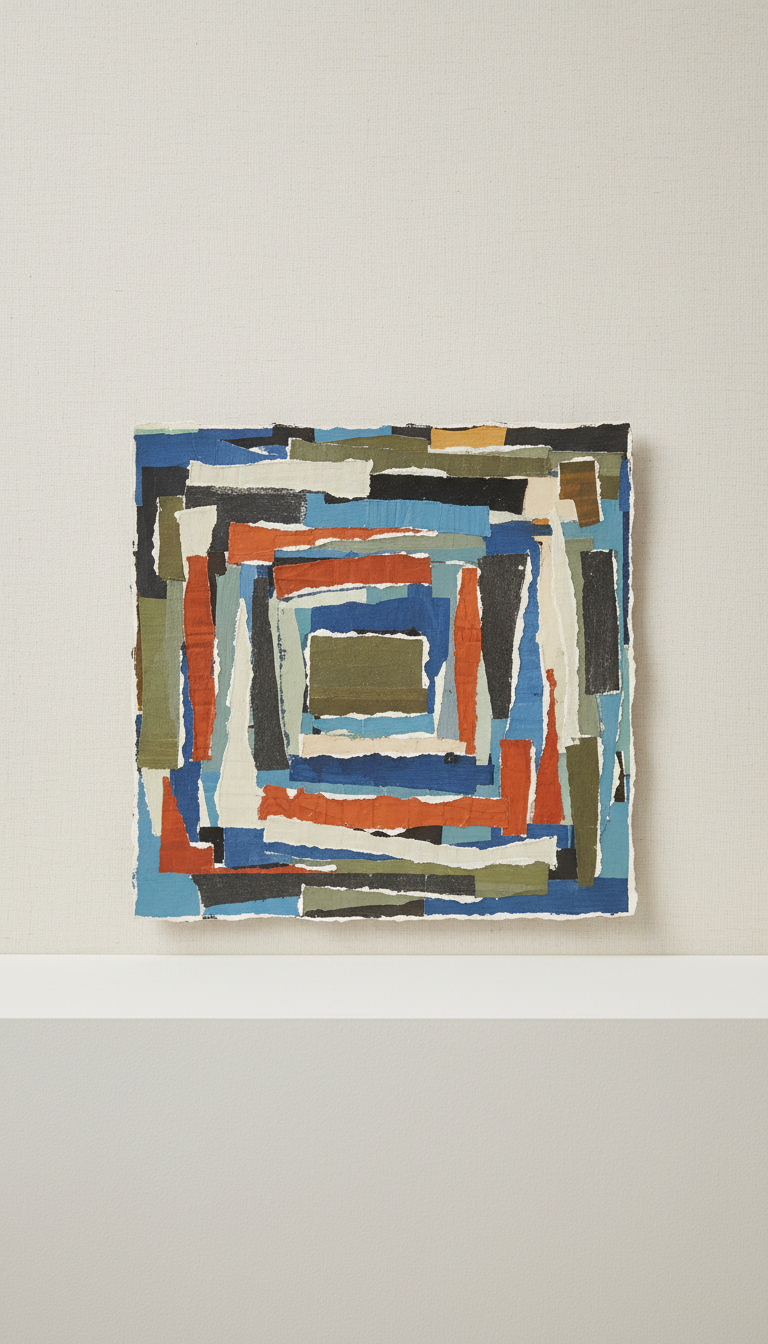 Cerulean blue mixed-media collage with textured edges